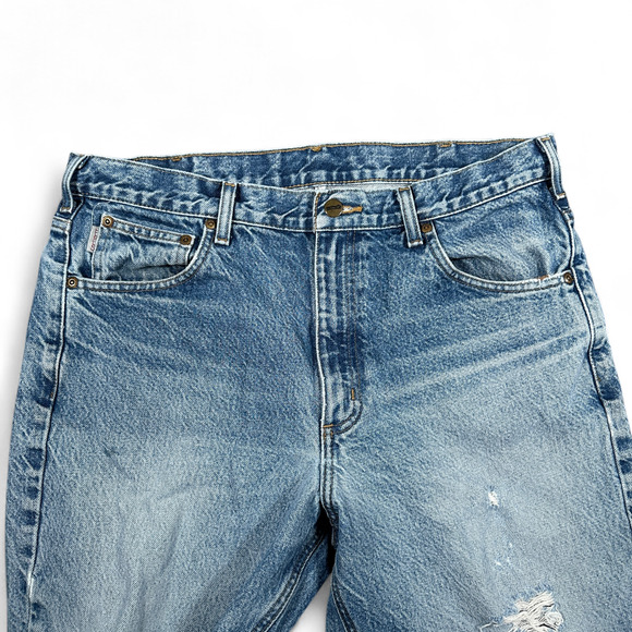 Carhartt Jeans Mens 34x26 Blue Denim Distressed Traditional Fit Workwear B18 DST - Picture 3 of 12